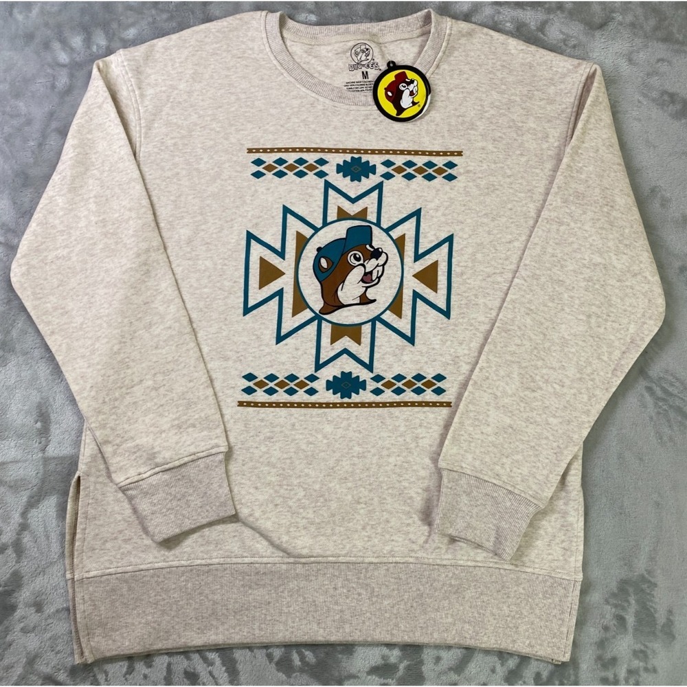 Buc-ee's Tunic Sweatshirt Women Medium Oatmeal Aztec Beaver Graphic Long Sleeve
